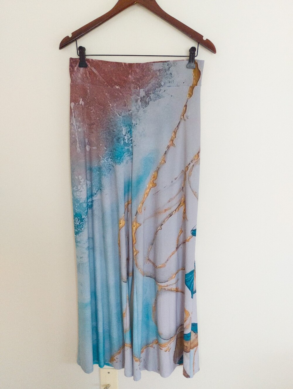 Le Galeriste Carla Palazzo Pants M Ribbons Wearable Art Wide Leg Abstract Blue